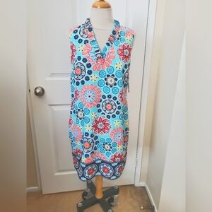 Crown & Ivy Aqua And Coral Floral Midi Dress Pockets Womens 6 Petite